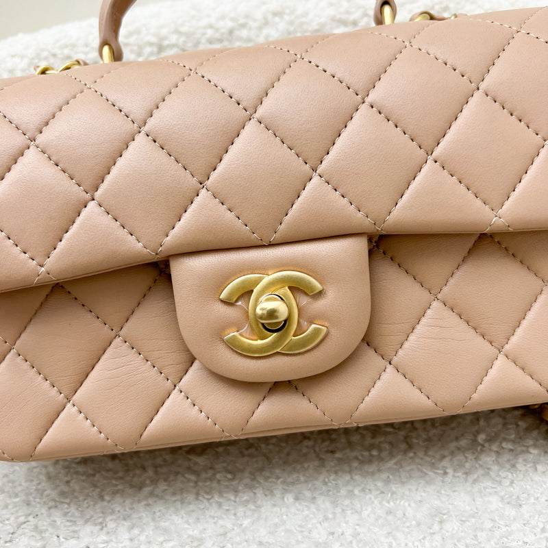 Chanel Top Handle Mini Rectangle Flap in 21A Rose Beige Lambskin in AGHW