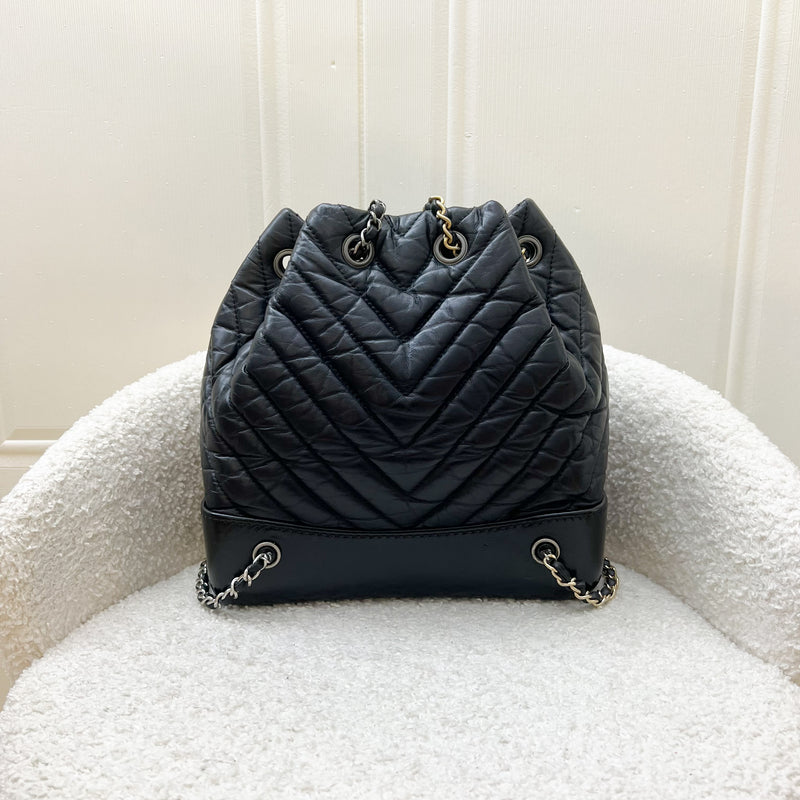 Chanel Gabrielle Small Backpack in Chevron Black Distressed Leather, Black Base and 3-tone HW