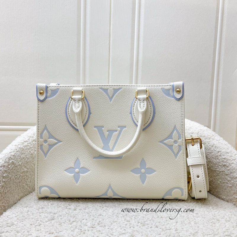 LV Milky Way Onthego PM Tote in Latte and Candy Blue Giant Monogram Empreinte Leather and GHW
