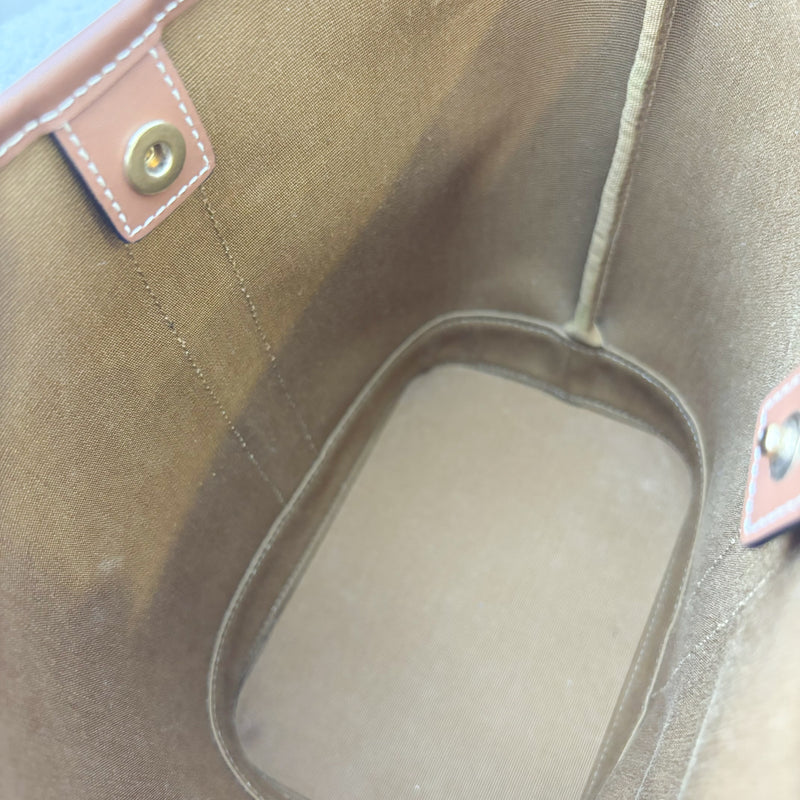 Celine Triomphe Small Bucket Bag in Triomphe Canvas, Tan Calfskin and GHW