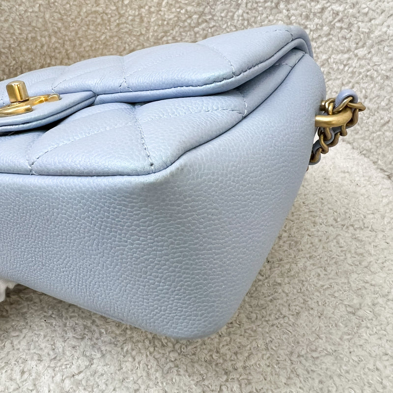 Chanel 21K Perfect Mini Square Adjustable Chain Flap in Iridescent Light Blue Caviar and AGHW