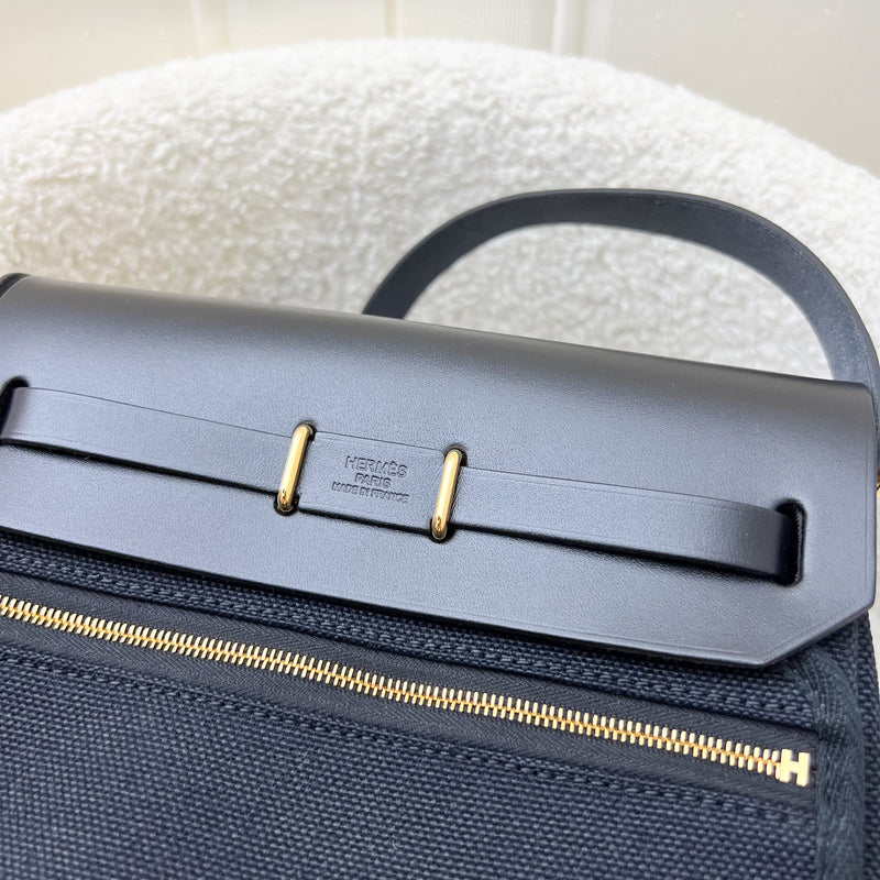 Hermes Mini Herbag Retourne in Noir Black Toile Militaire Canvas, Black Vache Hunter Leather and GHW