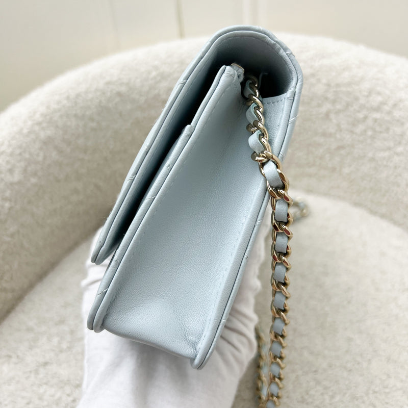 Chanel 24P Wallet on Chain with Pearl CC Logo in Baby Blue Glossy Lambskin and LGHW