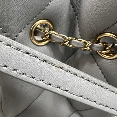 Chanel Drawstring Bucket Bag in Light Grey Lambskin and LHGW (Model: AS1698)