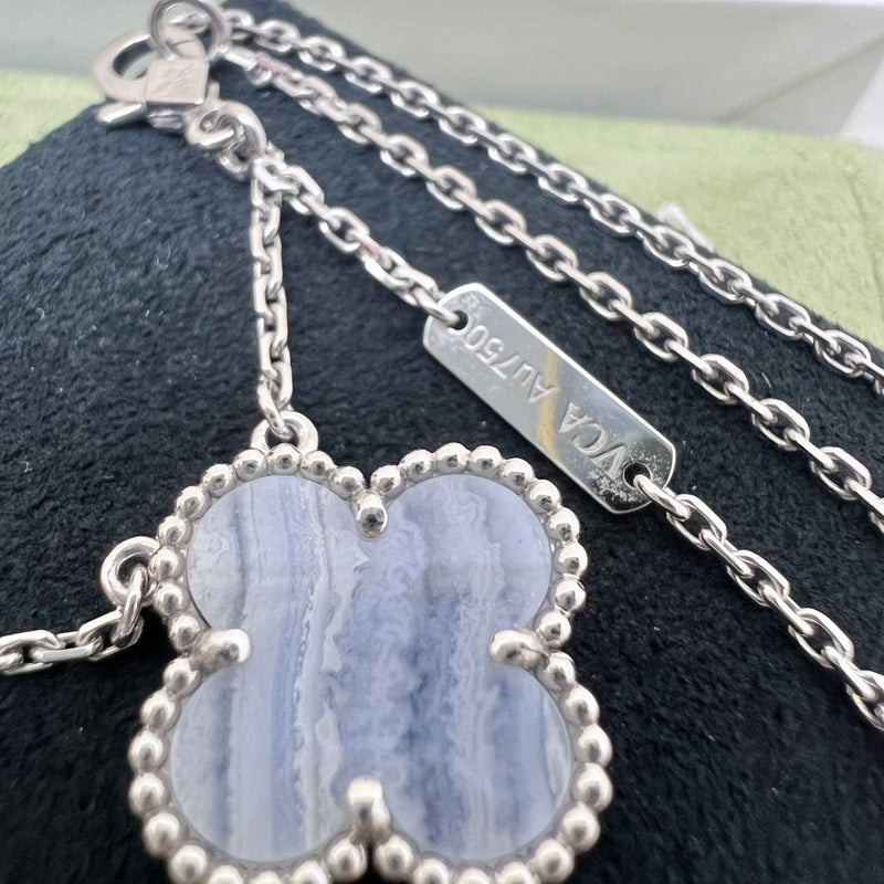 [Kept Unused] Van Cleef & Arpels VCA Vintage Alhambra Pendant Necklace with Chalcedony Stone in 18K White Gold (Ref: VCARD34900)