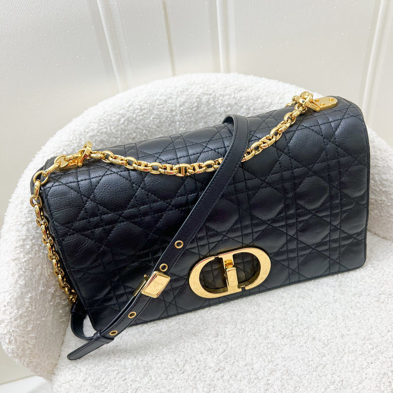 Dior Large Caro Flap Bag in Black Grained Calfskin and GHW