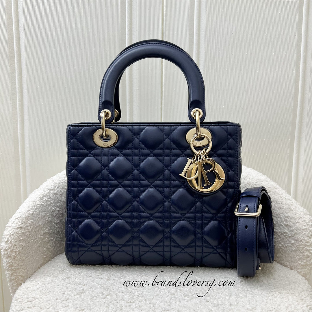 Dior Medium Lady Dior in Navy Lambskin and LGHW Newer Version with Adjustable Strap