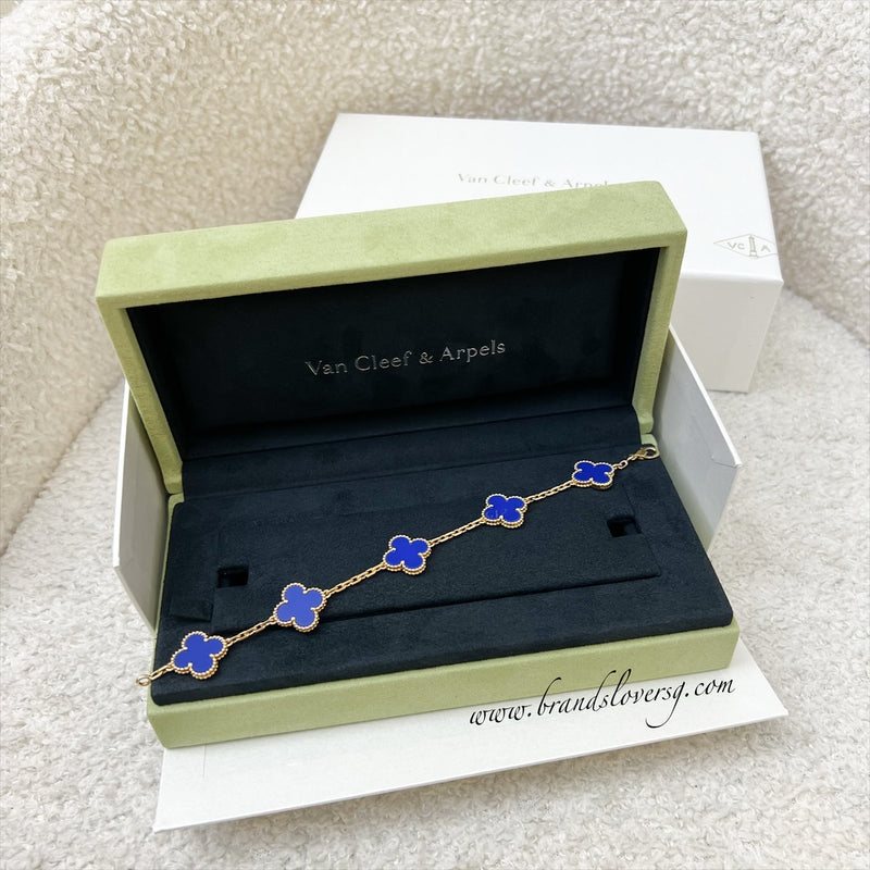 Van Cleef & Arpels VCA Vintage Alhambra 5 Motifs Bracelet with Blue Agate in 18K Yellow Gold (Ref: VCARP34900)