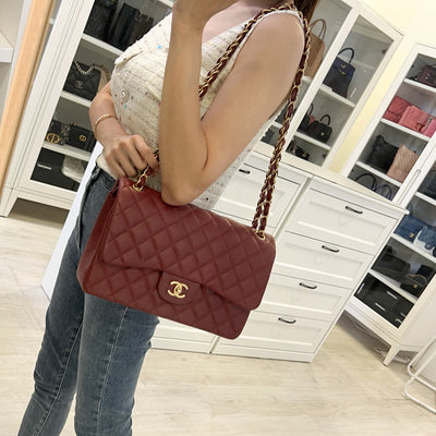 Chanel Classic Jumbo Double Flap in 18C Burgundy Dark Red Iridescent Caviar and AGHW