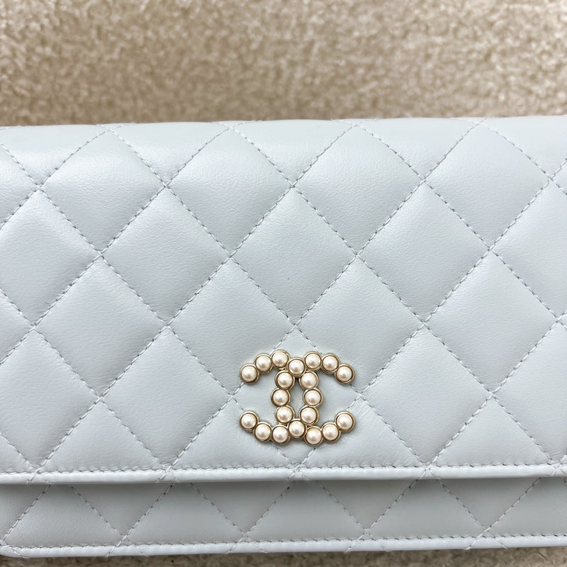 Chanel 24P Wallet on Chain with Pearl CC Logo in Baby Blue Glossy Lambskin and LGHW