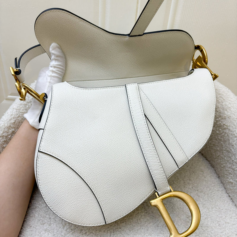 Dior Medium Saddle Bag in White Grained Calfskin and AGHW + Guitar Strap