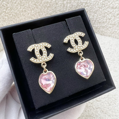 Chanel 22B Dangling Earrings with Pink Heart Crystal and LGHW