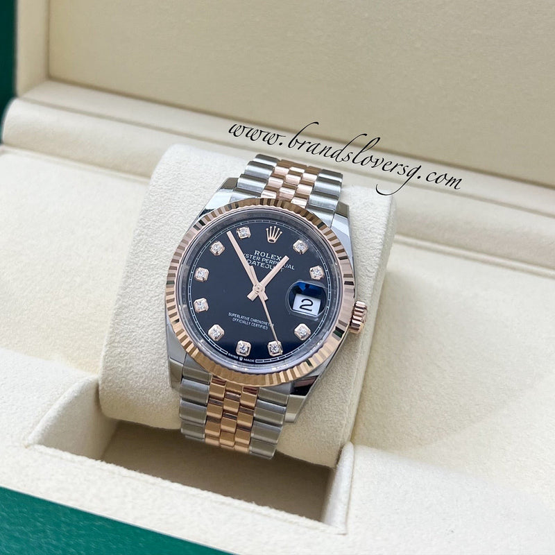 Rolex Datejust 36 with Bright Black Dial, 10 Diamond Markers, 18K Rose Gold Fluted Bezel with Everose Gold and Oystersteel Jubilee Bracelet (126231)