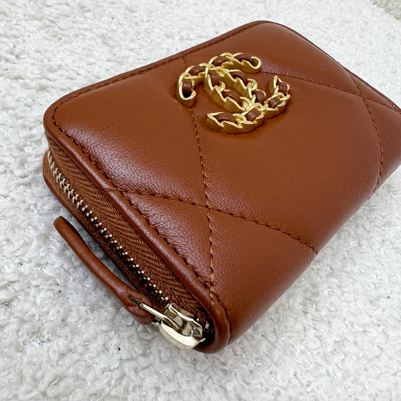 Chanel 19 Small Zippy Card Holder / Coin Purse in Tan Brown Lambskin and AGHW