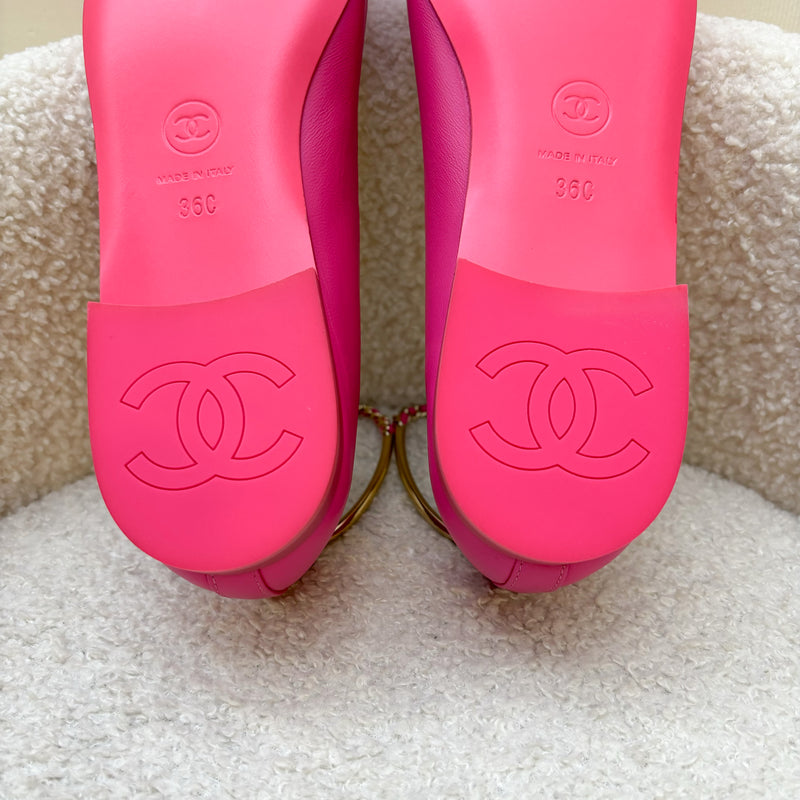 Chanel Ballerina Pumps in Hot Pink Lambskin and Patent Leather with Chanel Logo Dangling Charm Sz 36