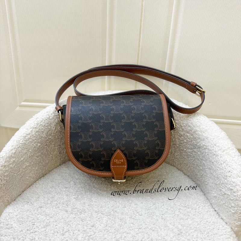 Celine Medium Folco Bag in Triomphe Canvas, Tan Calfskin and GHW