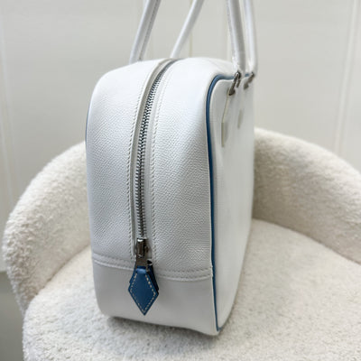 Hermes Vintage Plume 28 White Epsom Leather, Blue Trim and PHW