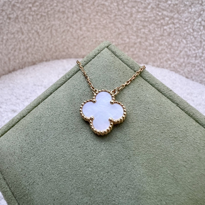 Van Cleef & Arpels VCA Vintage Alhambra White Mother of Pearl MOP Pendant Necklace in 18K Yellow Gold (Extended Length)