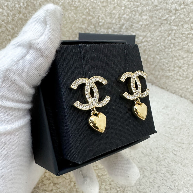 Chanel 23P Heart Dangling Earrings with Crystals in GHW