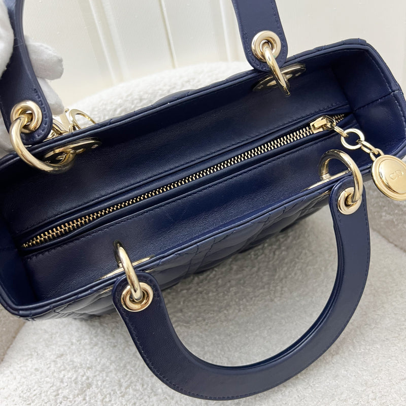 Dior Medium Lady Dior in Navy Lambskin and LGHW (Newer Version with Adjustable Strap)