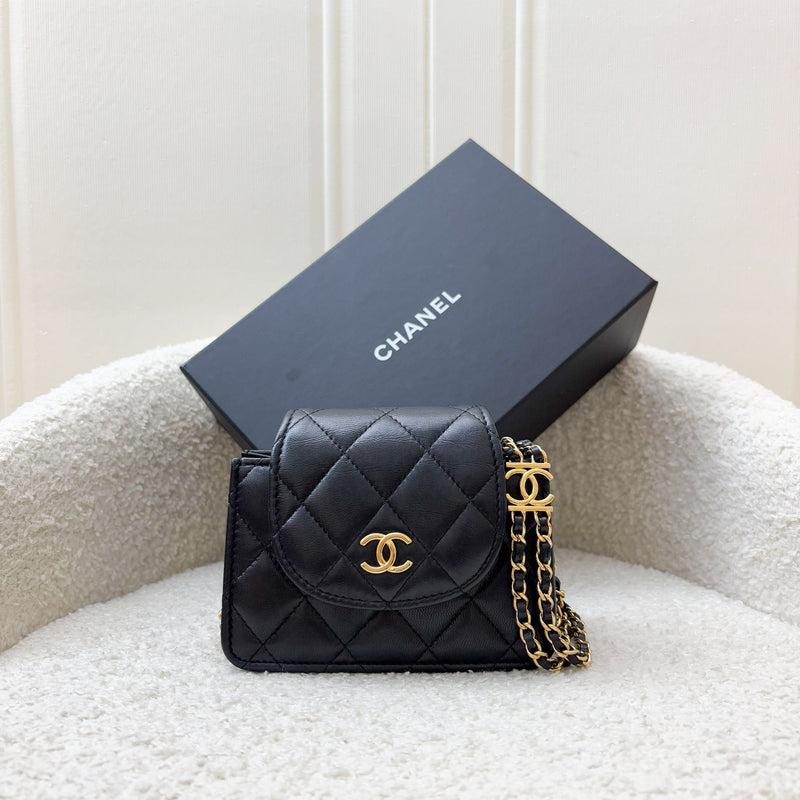 Chanel 22K Double Chain Micro Flap Bag in Black Lambskin and GHW