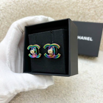 Chanel 18C CC Double Changeable Classic Logo Earrings in LGHW and Rainbow HW