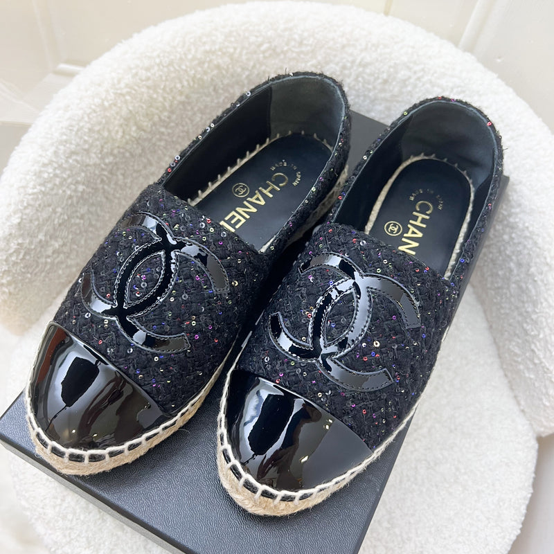 Chanel Espadrilles in Black Tweed with Sequins and Black Patent Leather Sz 35