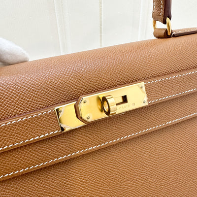 Hermes Vintage Kelly 28 Sellier in Gold Courcheval / Epsom Leather and GHW