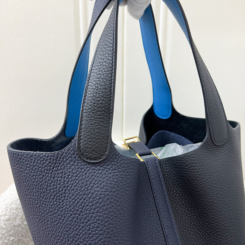 Hermes Picotin 22 in Bicolor Black / Bleu Nuit Clemence Leather, Bleu Frida Inner Handles and GHW