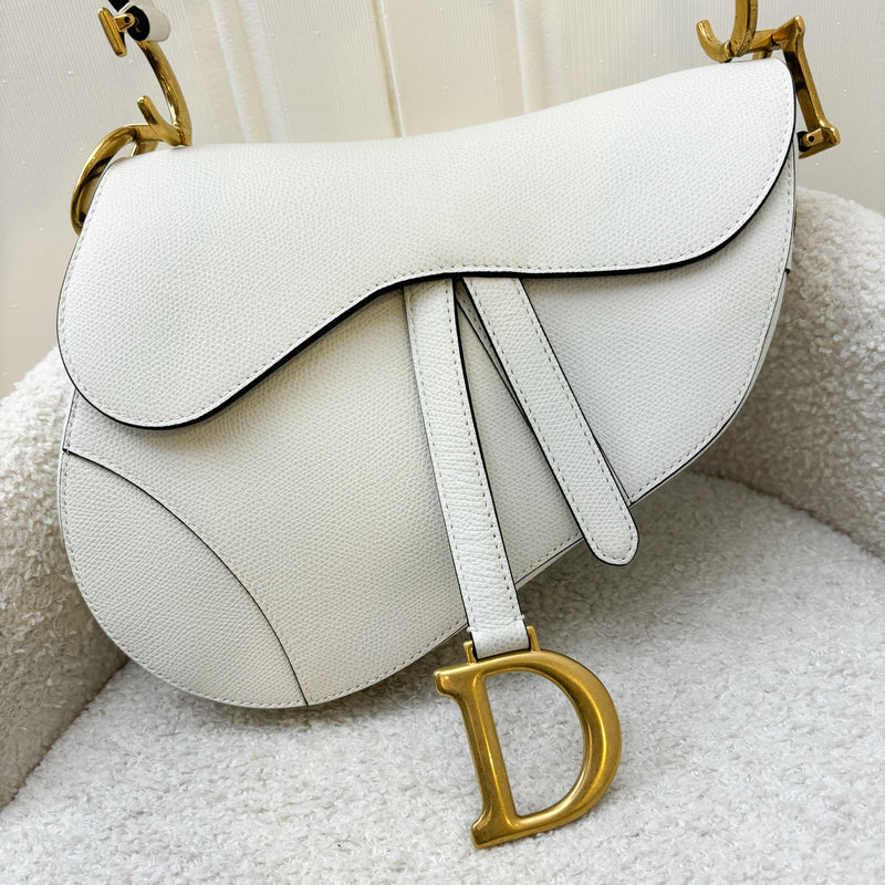 Dior Medium Saddle Bag in White Grained Calfskin and AGHW + Guitar Strap