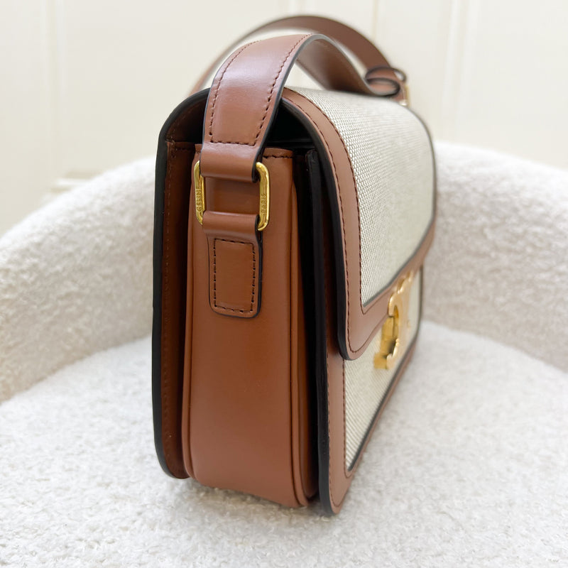 Celine Classique Triomphe Bag in Natural Textile and Tan Calfskin and GHW