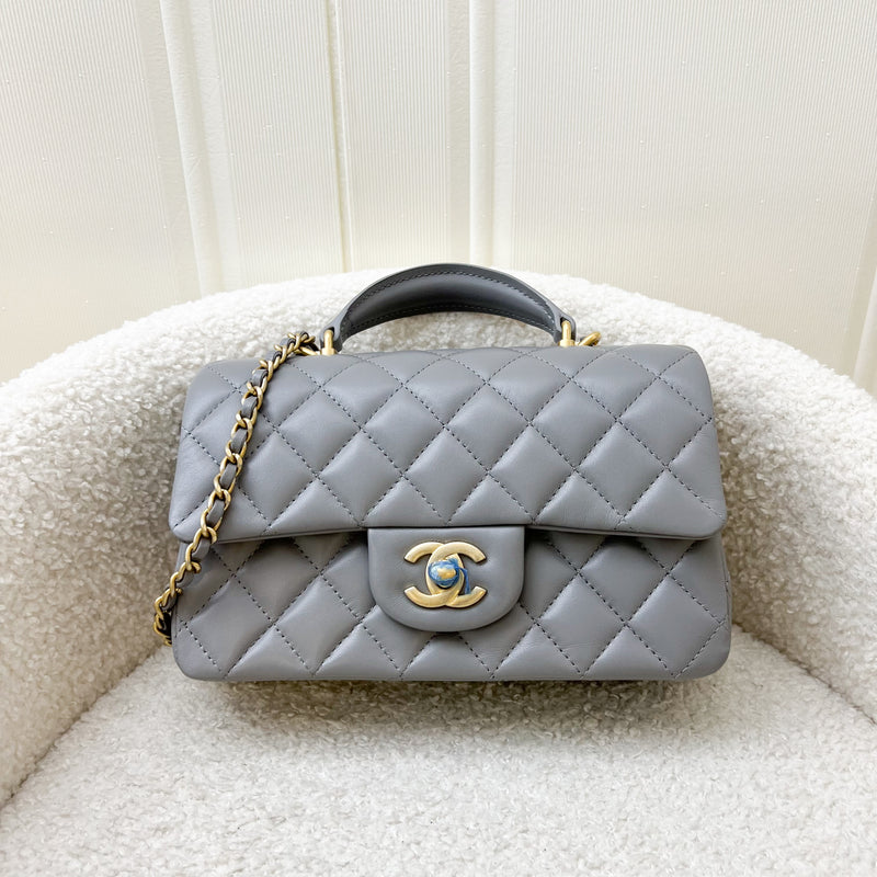 Chanel 22B Top Handle Mini Rectangle Flap in Grey Lambskin and AGHW