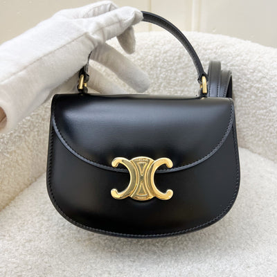 Celine Mini Besace Clea Flap Bag in Black Shiny Calfskin and GHW