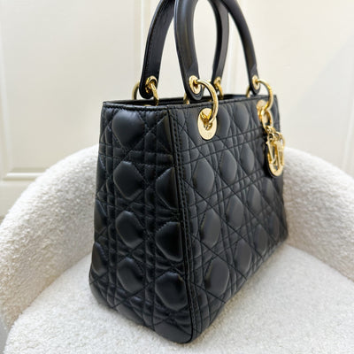 Dior Medium Lady Dior in Black Lambskin and GHW (New Version with Adjustable Strap)<br>