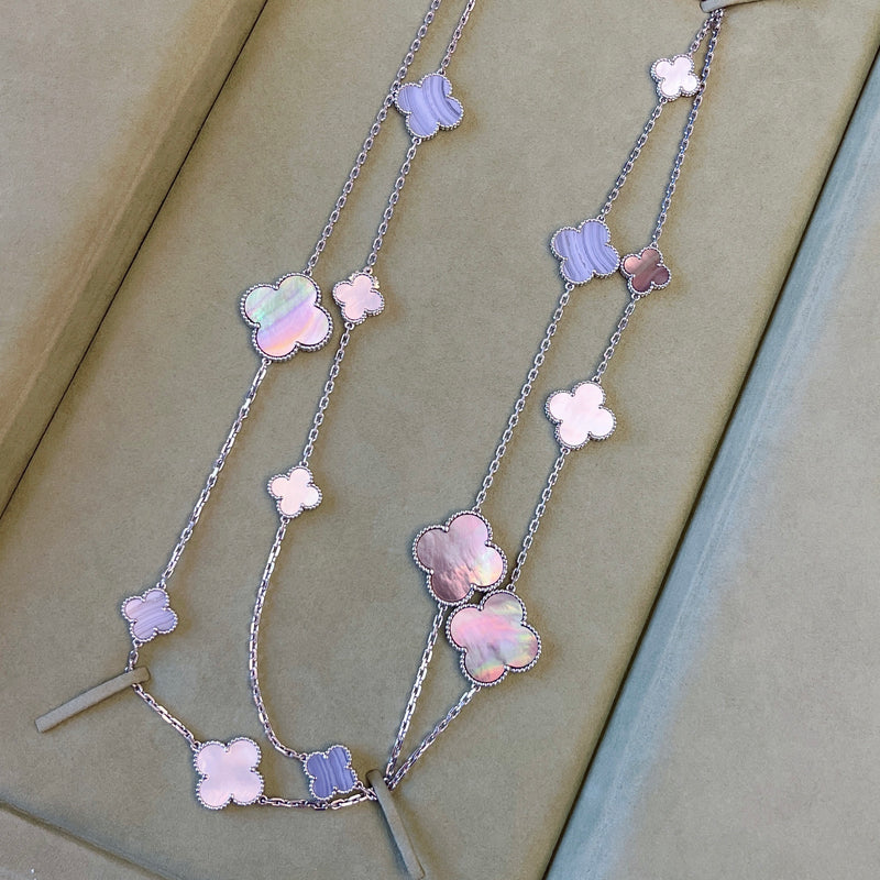 Van Cleef & Arpels VCA 16 Motif Vintage and Magic Alhambra Necklace with White and Grey Mother of Pearl MOP and Chalcedony in 18K White Gold (Ref: VCARN19000)