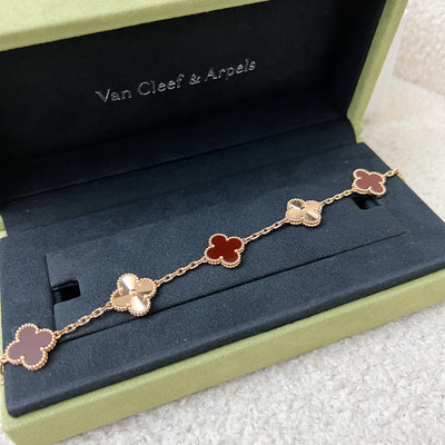 Van Cleef & Arpels VCA Vintage Alhambra 5 Motifs Guilloché Bracelet with Carnelian in 18K Rose Gold (Shortened, with Extra Links)