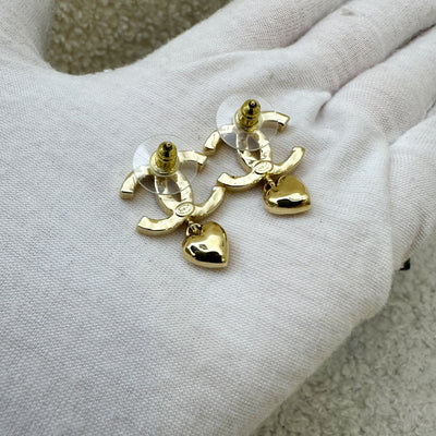 Chanel 23P Heart Dangling Earrings with Crystals in GHW