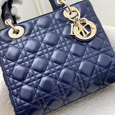 Dior Medium Lady Dior in Navy Lambskin and LGHW (Newer Version with Adjustable Strap)