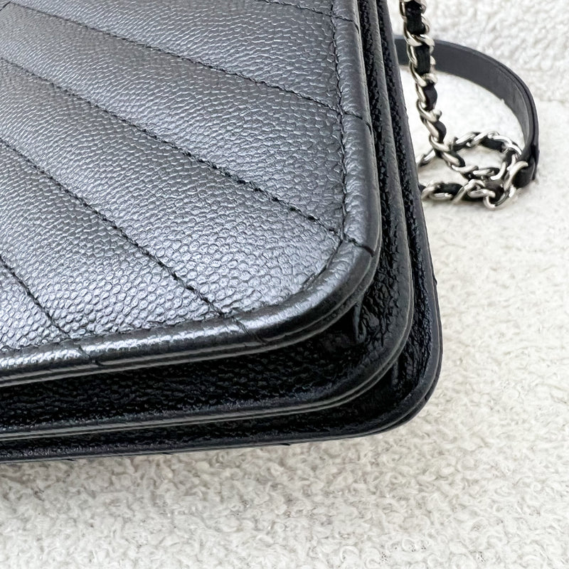 Chanel Square Wallet on Chain WOC in Chevron Quilted Black Caviar and LGHW