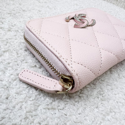 Chanel 23P Zippy Card Holder / Coin Purse in Light Pink Caviar, Crystals Logo and SHW