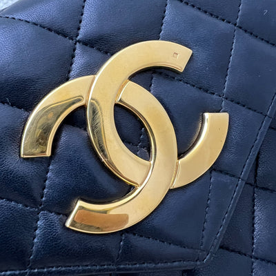 Chanel Vintage XL CC Logo Pushlock Mini Flap Bag in Black Lambskin and GHW