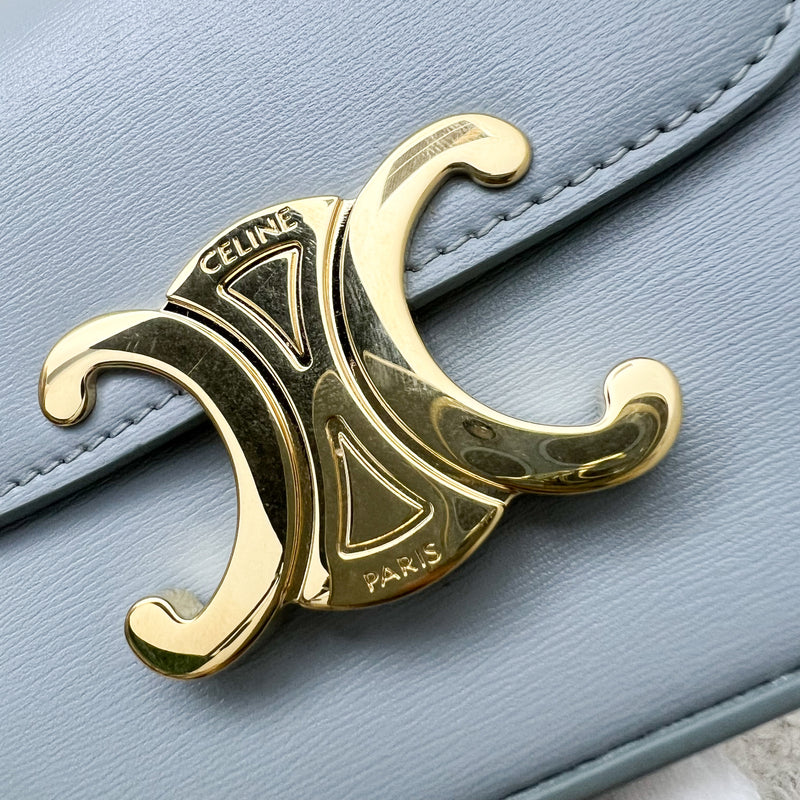 Celine Triomphe Mini Claude Flap Bag in Ice Blue Shiny Calfskin and GHW