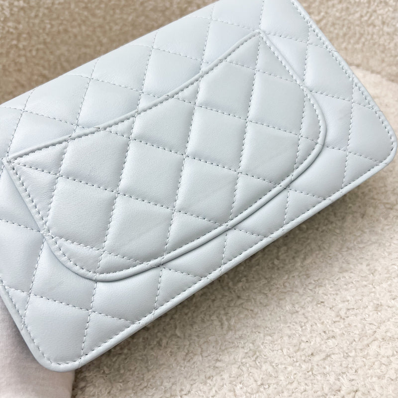 Chanel 24P Wallet on Chain with Pearl CC Logo in Baby Blue Glossy Lambskin and LGHW