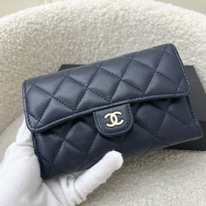 Chanel Classic Medium Trifold Wallet in Navy Caviar and LGHW