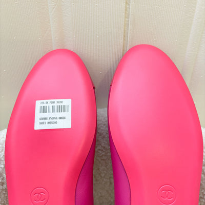 Chanel Ballerina Pumps in Hot Pink Lambskin and Patent Leather with Chanel Logo Dangling Charm Sz 36