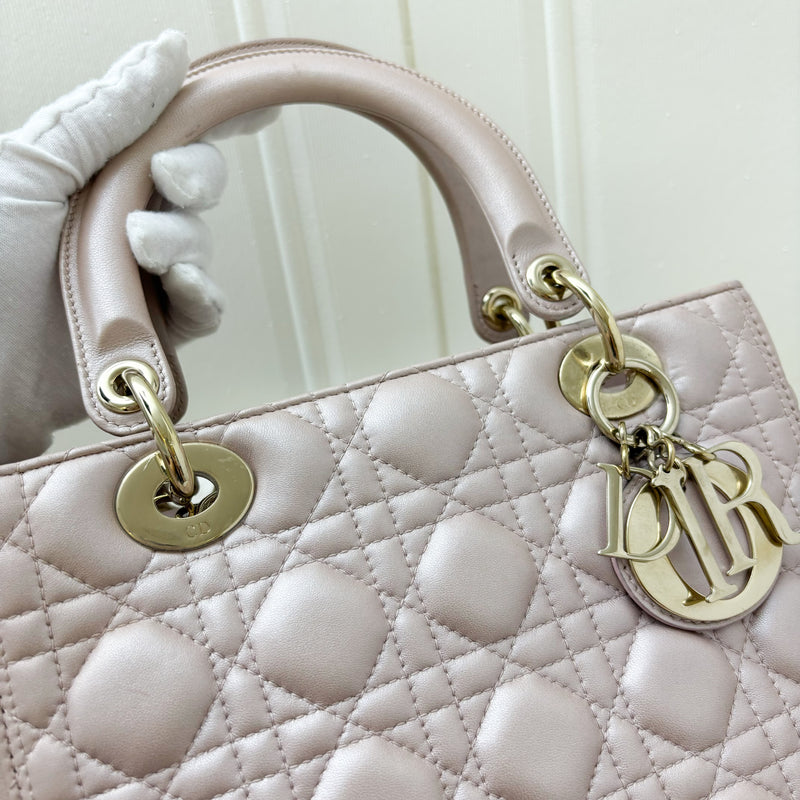 Dior Medium Lady Dior in Lotus Pearly Pink Lambskin LGHW (New version with Adjustable Strap)