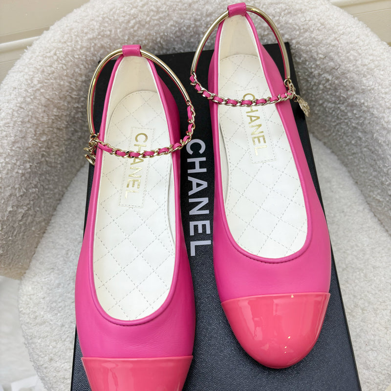 Chanel Ballerina Pumps in Hot Pink Lambskin and Patent Leather with Chanel Logo Dangling Charm Sz 36