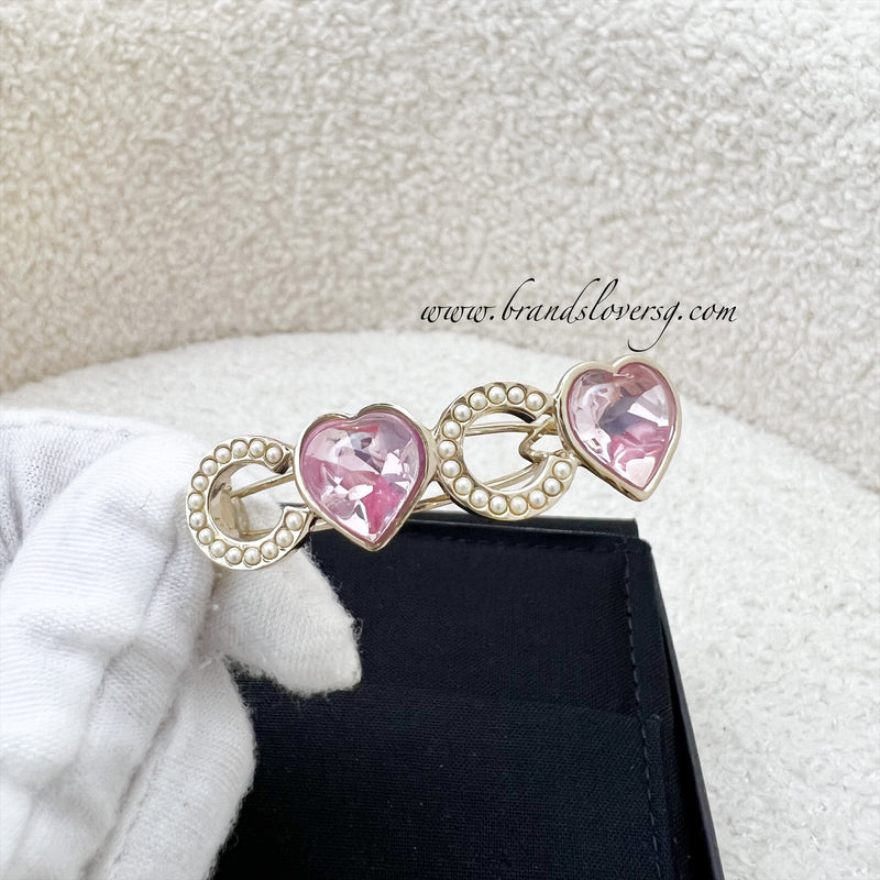 Chanel 22B Coco Pearls and Pink Hearts Hair Clip in LGHW