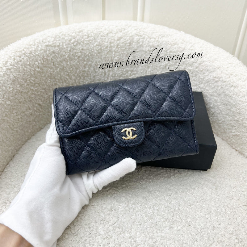 Chanel Classic Medium Trifold Wallet in Navy Caviar and LGHW