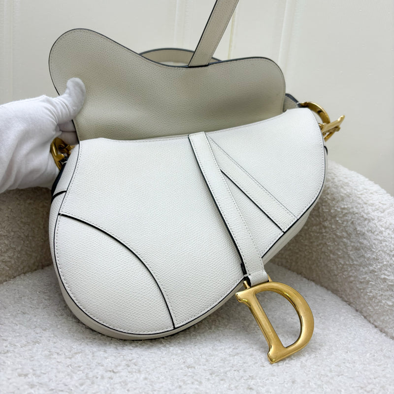 Dior Medium Saddle Bag in White Grained Calfskin and AGHW